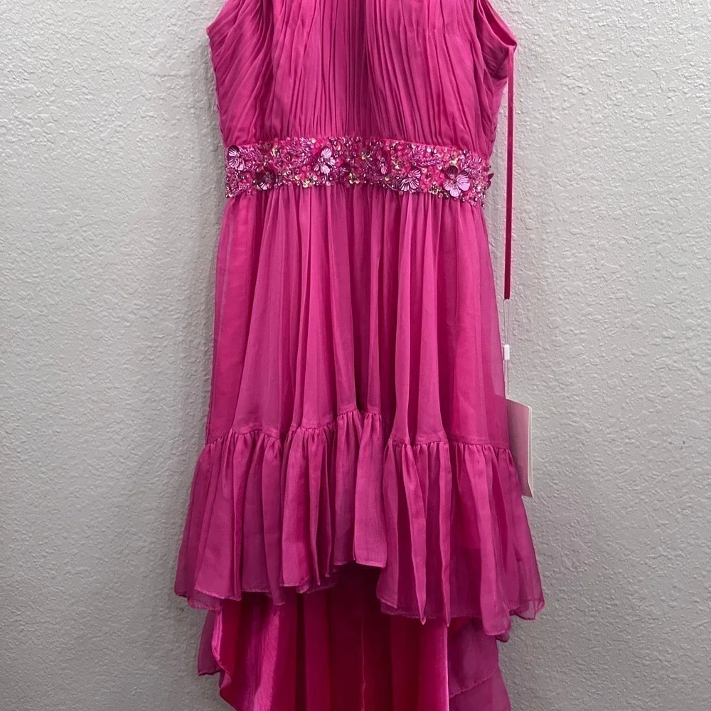 NEW $498 MAC DUGGAL 68029 PINK HALTER NECK HIGH LOW FLOWY CHIFFON GOWN  Size 2